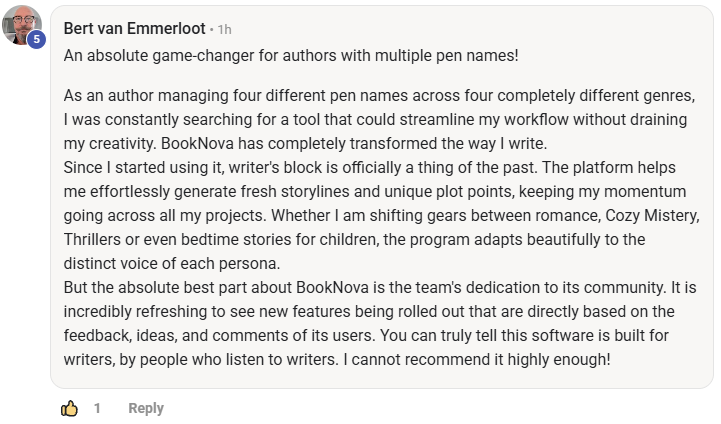 Screenshot of a post by Bert van Emmerloot in the BookNova Skool community: An absolute game-changer for authors with multiple pen names!