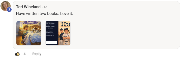 Screenshot of a post by Teri Wineland in the BookNova Skool community: Have written two books. Love it.