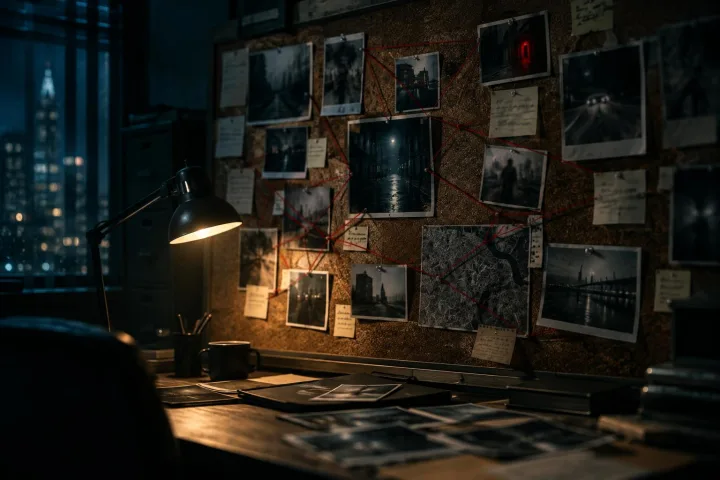 A detective's evidence wall, photographs joined by red string