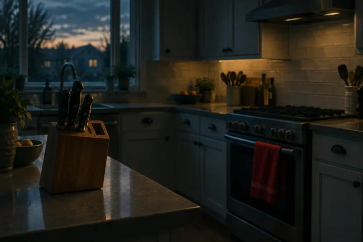 A tidy kitchen at dusk with one knife missing from the block