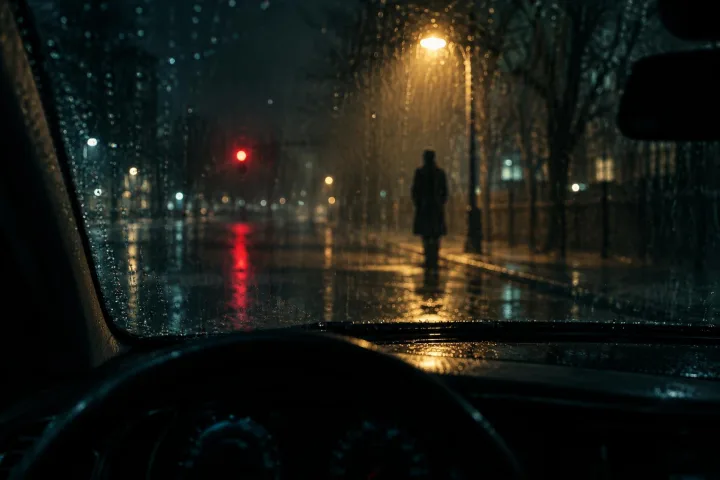 A lone figure under a streetlamp, seen through a rain-streaked windscreen