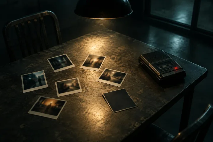 Photographs scattered on an interrogation table, one turned face-down