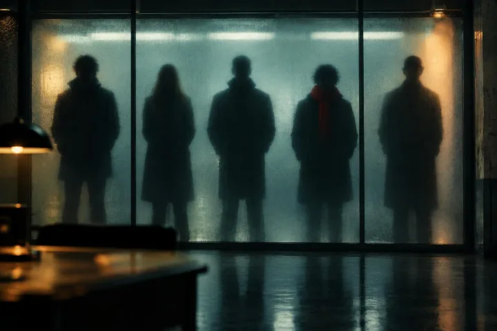 Five silhouettes in a line-up behind frosted glass