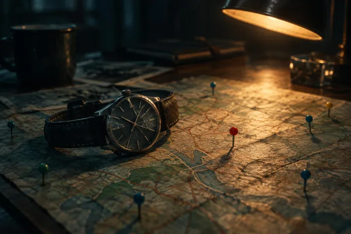 A cracked wristwatch lying on a street map marked with pins